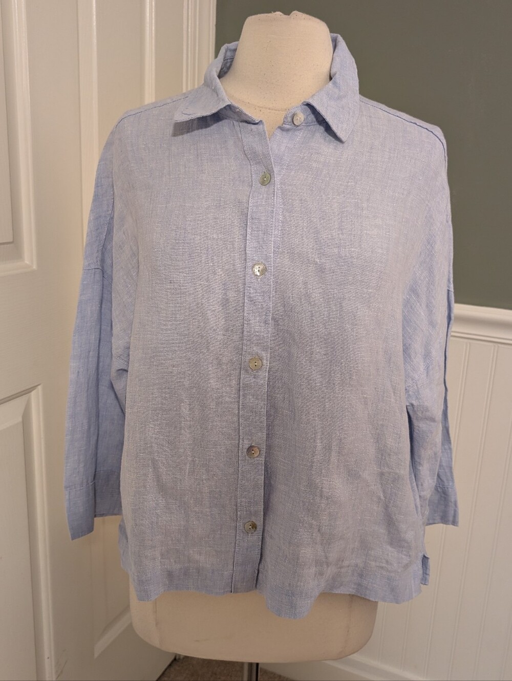 Women's Sigrid Olsen Light Blue Linen Blouse Button Down Large